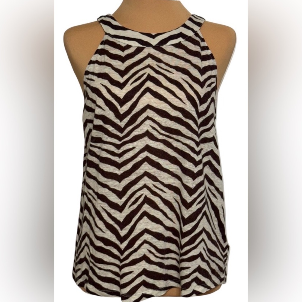 72- Tahari Brown and Cream Linen Top